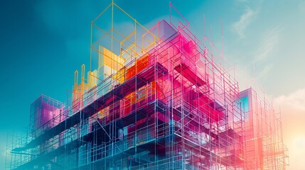 Wall Mural - Illustrate the fusion of digital building construction engineering and abstract graphic design in a colorful double exposure illustration