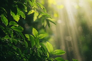 Poster - Sunlight shining through green tree leaves, creating a natural pattern of light and shadows, A serene forest scene with sunlight filtering through lush green leaves