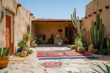 A cozy adobe house in the desert. The courtyard is filled with cacti, succulents, and colorful pottery