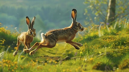Poster - Two european hares lepus europaeus running in a meadow