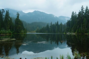 Sticker - A body of water nestled amidst towering trees and majestic mountains, A serene lake surrounded by tall trees and mountains in the background