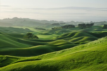 Poster - A landscape featuring a lush green field with trees in the distance, A serene landscape of rolling green hills and manicured fairways