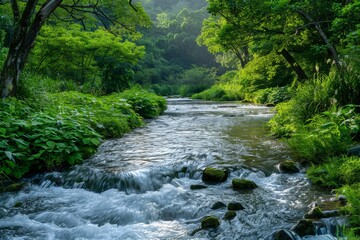 Sticker - A river courses through a dense green forest, surrounded by vibrant foliage and tall trees, A serene landscape with a flowing river and lush greenery