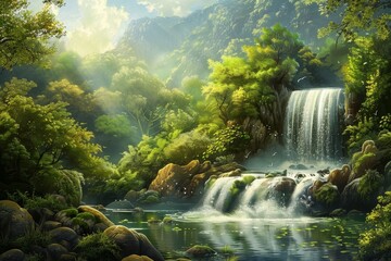 Wall Mural - A painting depicting a waterfall flowing in the midst of a dense forest, A serene landscape with a waterfall and lush greenery