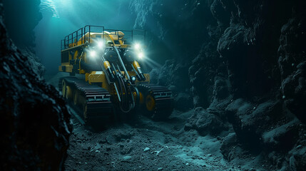 A yellow and black vehicle is driving through a dark cave
