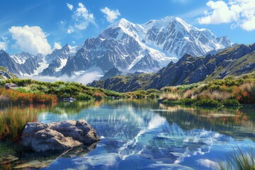 Poster - Painting of a towering mountain range overlooking a crystal-clear lake in the foreground, A serene mountain landscape with a crystal-clear lake reflecting the snow-capped peaks in the background