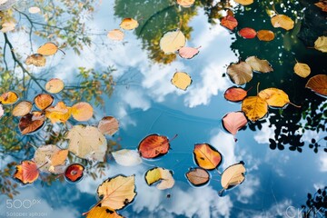 Wall Mural - A pond filled with numerous leaves floating on its surface on a sunny day, A serene scene of leaves floating on a tranquil pond, creating a reflection of autumn colors