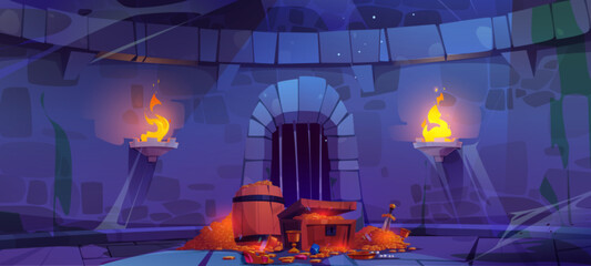 Wall Mural - Medieval castle dungeon with stone walls, grid gates entrance, torch flare and pile of treasure on floor. Cartoon game vector ancient palace building interior with wood chest and barrel, gold and gems