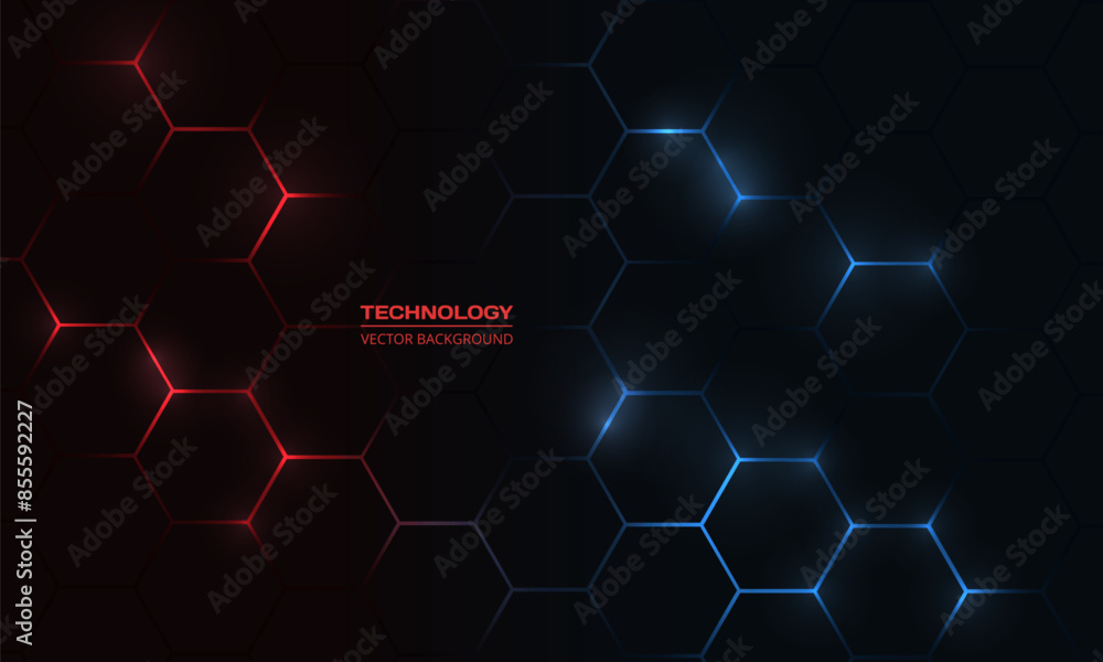 Dark hexagon abstract technology background with red and blue colored ...