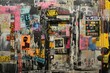 © Iftikhar alam - A wall covered in numerous graffiti designs and stickers creating a vibrant and chaotic urban art display, A series of mixed media artworks exploring the intersection of art and commerce