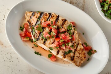 Wall Mural - Close up photo of a grilled swordfish fillet with pico de gallo on top, in an oval white ceramic dish on a clean background, top view. The food photography shows the delicious dish in a minimalist sty