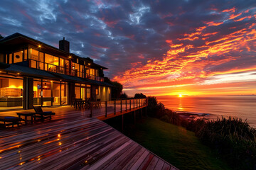 Wall Mural - A grand seaside estate with expansive decks, illuminated by the fiery orange of a New Zealand sunset