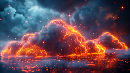 Wall Mural - A fiery cloud of smoke rises from the ocean, creating a dramatic
