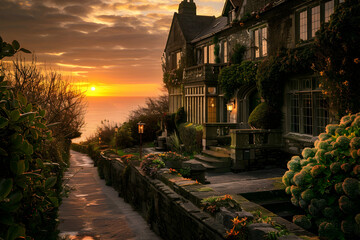 A luxurious coastal manor with ivy-covered walls, illuminated by the golden hues of a Cornish sunset