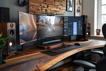 Wall Mural - A contemporary desk displaying a monitor, keyboard, and speakers, A sleek and modern desk setup with a touch screen monitor