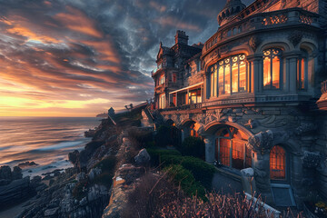 Wall Mural - A luxurious coastal palace with ornate carvings, glowing under the warm hues of a Cornish sunset