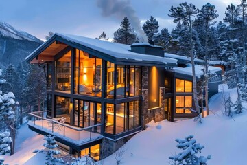 A modern mountain retreat stands out against the snowy forest backdrop, A sleek and modern mountain retreat with floor-to-ceiling windows