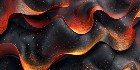 3D abstract illustration of waves from plastic and fabric, bright colors, for banners and layouts, landing pages, very detailed texture, orange and black, 2:1