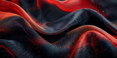 3D abstract illustration of waves from plastic and fabric, bright colors, for banners and layouts, landing pages, very detailed texture, red and black, 2:1