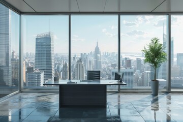 Sticker - Modern Office With City View, A sleek, modern office space with minimalist furniture and a large window overlooking a bustling city skyline