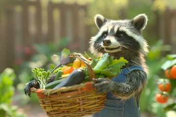 Wall Mural - A raccoon is holding a basket of vegetables and smiling