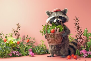 Wall Mural - A raccoon is holding a basket of vegetables and smiling