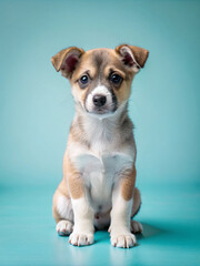 Wall Mural - Lovely little dog sitting down on blue background studio lighting