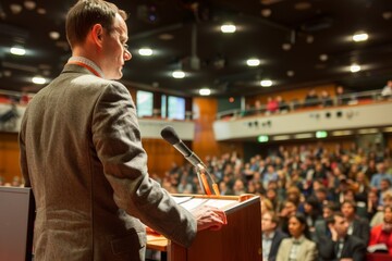 Wall Mural - A man in business attire delivering a presentation at a podium to an audience, A smartly dressed executive giving a presentation to a large audience