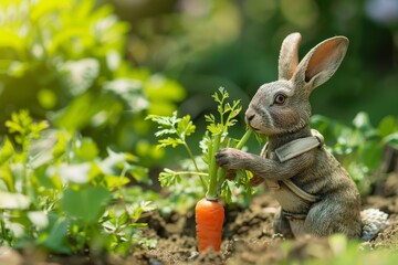 A rabbit is holding a carrot in its mouth
