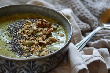 Sticker - A bowl filled with a green smoothie topped with nuts, chia seeds, and granola, A smoothie bowl topped with chia seeds and granola