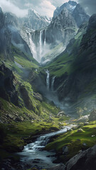 Wall Mural - Mountain river flowing through green valley with waterfalls