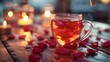 © Paniti - Romantic setting with rose tea in a heart-shaped cup, candlelight and rose petals, rose tea, romantic ambiance.