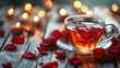 © Paniti - Romantic setting with rose tea in a heart-shaped cup, candlelight and rose petals, rose tea, romantic ambiance.