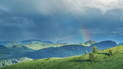 Wall Mural - View of green meadows and hills on a summer evening, stormy sky and rainbow