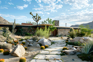 Wall Mural - A modernist desert home with a flat roof. The landscape is decorated with desert flora and stone pathways