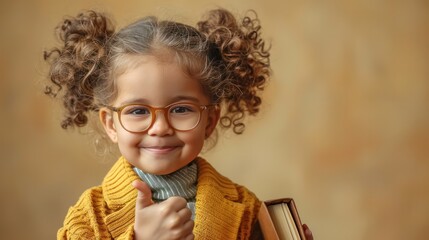 Wall Mural - Portrait of a cute little librarian holding a book, showing a thumbs-up, on a beige background. Copy space for text.