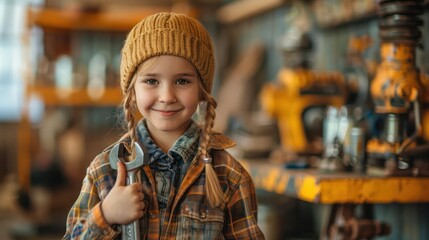 Wall Mural - Portrait of a cute little engineer holding a wrench, showing a peace sign, on a yellow background. Copy space for text.