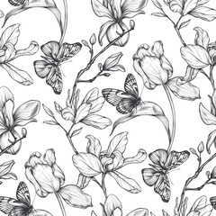 Wall Mural - Beautiful hand drawn vector seamless pattern with black and white garden flowers, butterflies. Endless background with spring garden plants