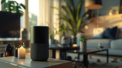 Poster - A modern, sleek voice assistant device sits on a table in a stylish living room, ready to interact with users. Generative AI