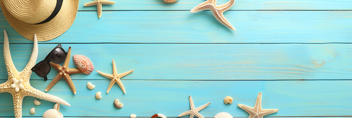 Summer Beach Essentials Including Starfish, Sunglasses, and a Hat on a Blue Wooden Background Perfect for Vacation, Travel, and Coastal Living Themes