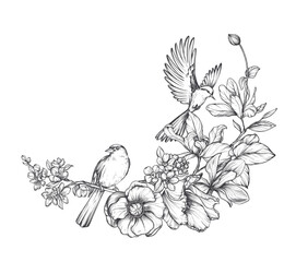 Wall Mural - Beautiful hand drawn vector composition with black and white blooming spring garden flowers, birds