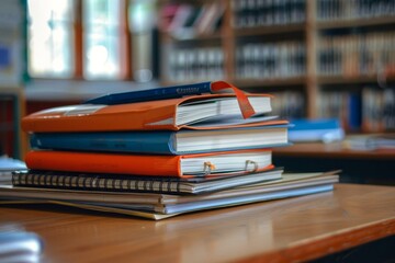 Wall Mural - A stack of textbooks and notebooks sitting on top of a wooden table, A stack of textbooks and notebooks on a student desk