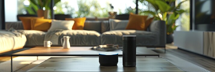 Leinwandbilder - In a modern living room, a sleek voice assistant device sits on a coffee table, with a blurred background of a comfy couch and other furniture. Generative AI