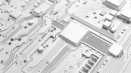 Electronic circuit board detailed close-up, white silver computer motherboard. AI ML technology hardware concept background banner