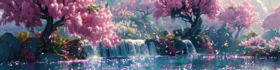 A beautiful water scene with a waterfall and pink cherry blossoms