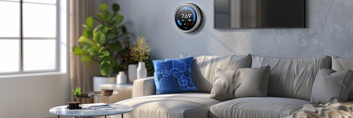 Poster - A sleek, modern smart thermostat is mounted on a living room wall, displaying the current temperature and weather conditions. Generative AI