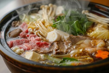 Wall Mural - A bowl of soup filled with noodles, meat, and vegetables, emitting steam, A steaming hot pot filled with an assortment of meats, vegetables, and noodles in a savory broth