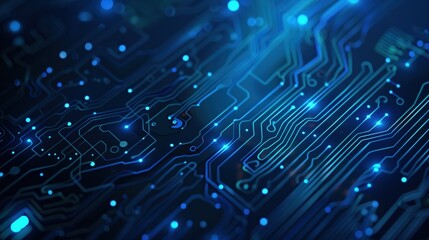 electronic circuit board detailed close-up, blue computer motherboard. ai ml technology hardware min