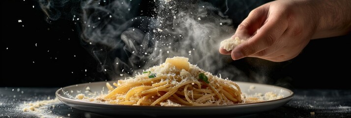 Wall Mural - A hand sprinkles grated Parmesan cheese over a steaming plate of pasta, creating a culinary spectacle