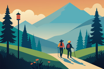 Hiking adventure scene in flat style. Hiker traveling on the wild landscape, with mountains